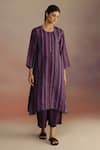 Buy_ROZA_Purple Habutai Silk Printed Stripe Round Awning Long Straight Kurta _at_Aza_Fashions