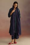 Buy_ROZA_Blue Habutai Silk Printed Stripe Round Awning Long Kurta With Pant _at_Aza_Fashions