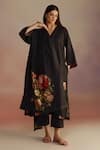 Buy_ROZA_Black Silk Wool Floral V-neck Bergamot Patterned A-line Kurta With Pant _at_Aza_Fashions