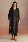 ROZA_Black Silk Wool Floral V-neck Bergamot Patterned A-line Kurta With Pant _Online_at_Aza_Fashions