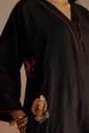 ROZA_Black Silk Wool Floral V-neck Bergamot Patterned A-line Kurta With Pant _at_Aza_Fashions