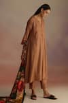 ROZA_Brown Silk Wool Floral Notched Cinnamon Patterned Asymmetric Kurta With Pant _at_Aza_Fashions