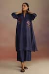 Buy_ROZA_Blue Habutai Silk Floral Band Collar Clover Patterned A-line Kurta With Pant _at_Aza_Fashions