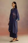 ROZA_Blue Habutai Silk Floral Band Collar Clover Patterned A-line Kurta With Pant _Online_at_Aza_Fashions