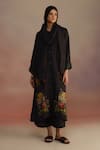 ROZA_Black Habutai Silk Print Floral Round Gladioly Kurta With Pant _at_Aza_Fashions