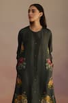 ROZA_Green Habutai Silk Print Floral Round Gladioly Asymmetric Kurta With Pant _at_Aza_Fashions