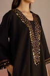 ROZA_Black Linen Embroidery Jute Lace Plunge V-neck Neroli Kurta With Pant _Online_at_Aza_Fashions