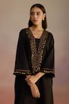 Shop_ROZA_Black Linen Embroidery Jute Lace Plunge V-neck Neroli Kurta With Pant _Online_at_Aza_Fashions