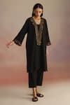 ROZA_Black Linen Embroidery Jute Lace Plunge V-neck Neroli Kurta With Pant _at_Aza_Fashions