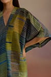 ROZA_Blue Habutai Silk Stripe V-neck Trellis Asymmetric Patterned Top With Pant _at_Aza_Fashions