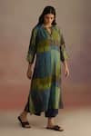 ROZA_Blue Habutai Silk Embellished Stripe Trellis Asymmetrical Kurta With Pant _at_Aza_Fashions