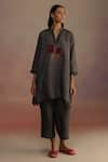 Buy_ROZA_Grey Habutai Silk Hand-drawn Rose Wallflower Floral Motif Kurta With Pant _at_Aza_Fashions