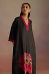 Buy_ROZA_Black Silk Wool Hand-drawn Floral V-neck Apple Hand Drawn Kurta With Pant _Online_at_Aza_Fashions