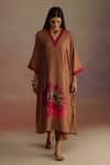 Buy_ROZA_Brown Silk Wool Hand-drawn Floral V-neck Apple Kurta With Pant 