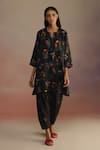 Buy_ROZA_Black Habutai Silk Floral Notched Zaira Motif Kurta With Salwar _at_Aza_Fashions