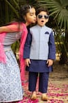 LIL DRAMA_Blue Cambric Cotton Printed Geometric Bundi Kurta Set _Online_at_Aza_Fashions