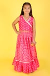 LIL DRAMA_Pink Chanderi Lurex Printed Bandhani Frill Lehenga With Blouse _Online_at_Aza_Fashions