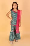 LIL DRAMA_Green Muslin Ps Printed Floral One Shoulder Kurta Sharara Set _Online_at_Aza_Fashions