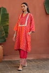 Begum_Peach Zari Silk Phiran Embellished Gota Patti V Neck Faris Kurta With Pant _Online_at_Aza_Fashions