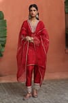 Buy_Begum_Red Kurta And Pant Habutai Silk Embroidered Dabka V Neck Nazira Set _at_Aza_Fashions