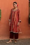 Buy_Begum_Orange Kurta Tissue Silk Embroidered Dabka V Neck Raya Anarkali Pant Set _Online_at_Aza_Fashions