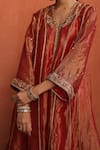 Begum_Orange Kurta Tissue Silk Embroidered Dabka V Neck Raya Anarkali Pant Set _at_Aza_Fashions