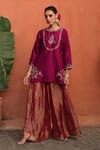 Begum_Magenta Kurta Raw Silk Embellished Dabka Round Ruksaar Short Sharara Set _Online_at_Aza_Fashions