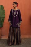 Begum_Purple Kurta Raw Silk Embellished Dabka Round Ruksaar Sharara Set _Online_at_Aza_Fashions