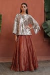 Buy_Begum_Peach Top Georgette Embellished Sequin Round Zohra Scallop Hem Lehenga With _at_Aza_Fashions