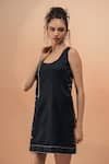 Shop_TheRealB_Black Viscose Satin Logo Patchwork Round Neck Pattern Dress _at_Aza_Fashions