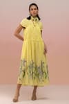 Buy_TheRealB_Yellow Viscose Crepe Printed Leaf V Neck Placement Dress _at_Aza_Fashions