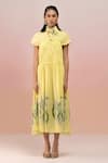 Buy_TheRealB_Yellow Viscose Crepe Printed Leaf V Neck Placement Dress _Online_at_Aza_Fashions