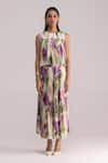 Buy_TheRealB_Multi Color Satin Printed Botanical Round Neck Pleated Top And Skirt Set _at_Aza_Fashions