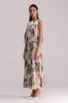 Buy_TheRealB_Multi Color Satin Printed Botanical Round Neck Pleated Top And Skirt Set _Online_at_Aza_Fashions