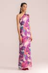 Buy_TheRealB_Multi Color Satin Printed Abstract Asymmetric One Shoulder Dress _at_Aza_Fashions