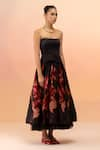 TheRealB_Black Viscose Heavy Satin Printed Floral Straight Neck Gathered Dress _Online_at_Aza_Fashions