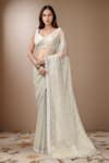 Buy_Kalighata_Grey Organza Embroidery Cutdana Sweetheart Neck Stripe Saree With Blouse _at_Aza_Fashions