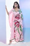 Buy_Pria Kataria Puri_Pink Satin Print Tulip Blossom Wavy Neck Kaftan _at_Aza_Fashions