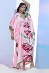 Shop_Pria Kataria Puri_Pink Satin Print Tulip Blossom Wavy Neck Kaftan _at_Aza_Fashions