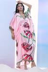 Pria Kataria Puri_Pink Satin Print Tulip Blossom Wavy Neck Kaftan _Online_at_Aza_Fashions