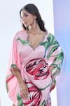 Pria Kataria Puri_Pink Satin Print Tulip Blossom Wavy Neck Kaftan _at_Aza_Fashions