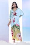 Buy_Pria Kataria Puri_Blue Satin Printed Tulip Scallop V-neck Sequined Tunic _at_Aza_Fashions