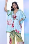 Pria Kataria Puri_Blue Satin Printed Tulip Scallop V-neck Sequined Tunic _Online_at_Aza_Fashions