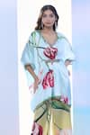 Buy_Pria Kataria Puri_Blue Satin Printed Tulip Scallop V-neck Sequined Tunic _Online_at_Aza_Fashions