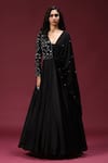 Two Sisters By Gyans_Black Georgette Embroidery Pearl Blunt V Neck Floral Yoke Draped Gown _Online_at_Aza_Fashions