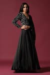 Shop_Two Sisters By Gyans_Black Georgette Embroidery Pearl Blunt V Neck Floral Yoke Draped Gown _Online_at_Aza_Fashions