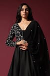 Two Sisters By Gyans_Black Georgette Embroidery Pearl Blunt V Neck Floral Yoke Draped Gown _at_Aza_Fashions