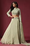 Shop_Two Sisters By Gyans_Green Georgette Embroidery Pearl Round High Neck Blouse Lehenga Set 