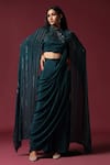 Buy_Two Sisters By Gyans_Green Chiffon Embroidery Sequin Round Pre-draped Saree Set With Shoulder Cape _at_Aza_Fashions