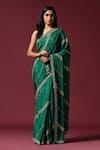 Two Sisters By Gyans_Green Chiffon Embroidery Sequin Stripe Saree With Unstitched Blouse Piece _Online_at_Aza_Fashions